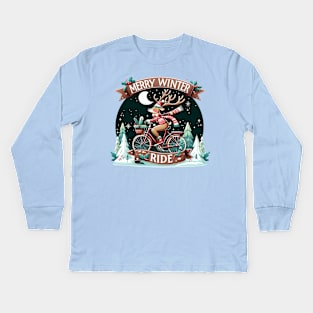 Merry Winter Ride - Christmas reindeer on a bicycle Kids Long Sleeve T-Shirt